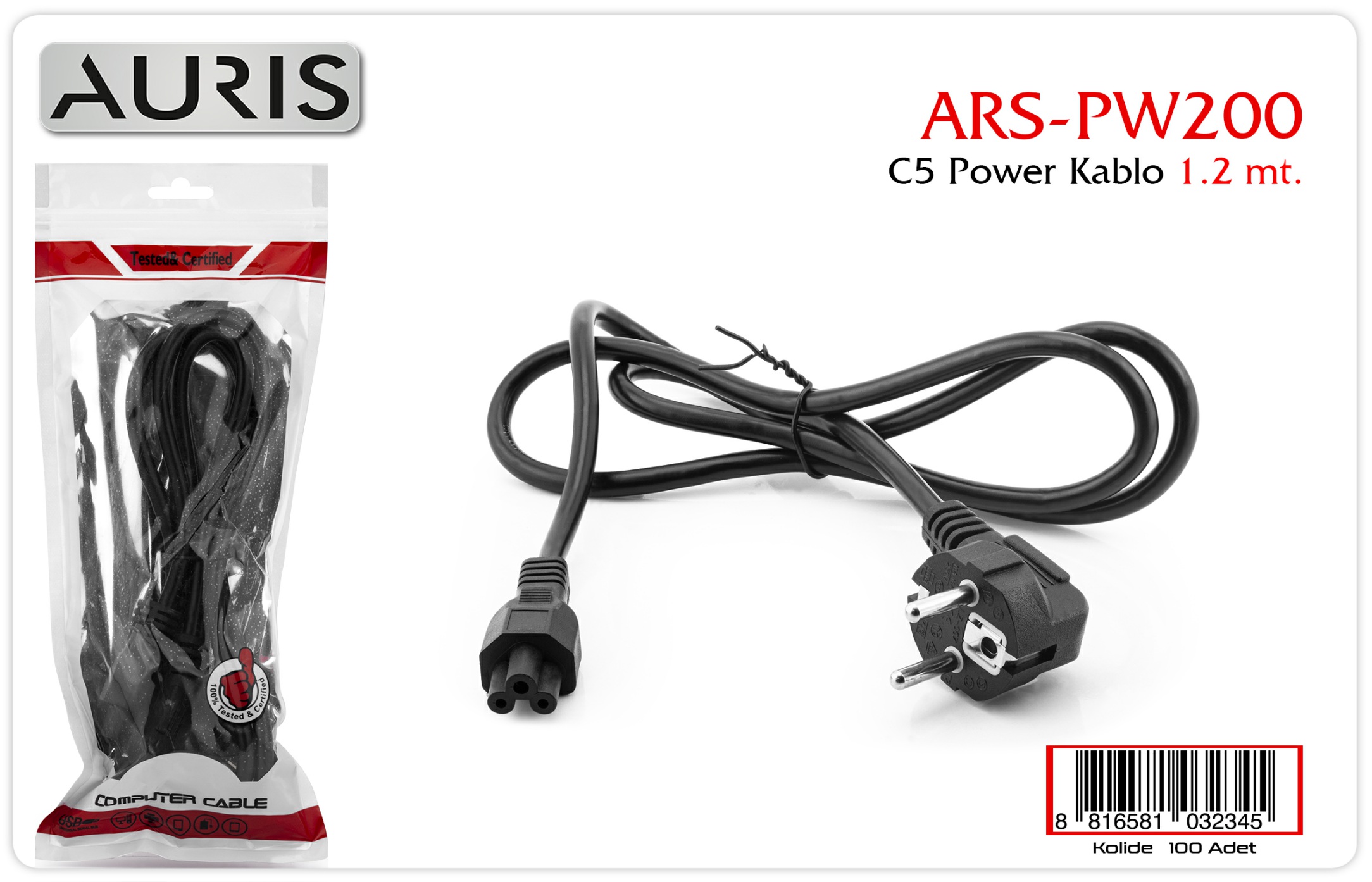 Auris ARS-PW200 1-2 Metre C5 Güç Kablosu – Notebook ve Laptop İçin Enerji Bağlantısı